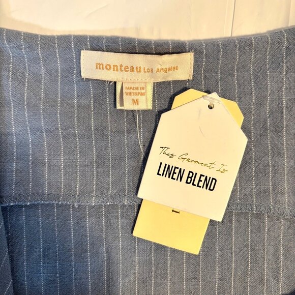 Monteau Blue Pinstripe Button-Down Linen Blend Dress Spaghetti Straps Medium - Picture 4 of 9